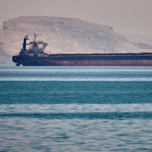 A bulk cargo ship sits at anchor in the Strait of Hormuz off Bandar Abbas, Iran, Saturday, May 2, 2026.(Amirhosein Khorgooi/ISNA via AP)