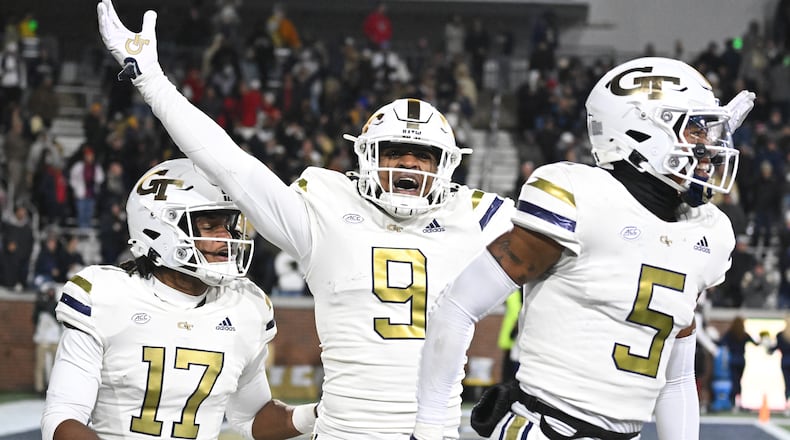 Georgia Tech defensive lineman Romello Height (9) celebrates after an interception during the second half of an NCAA college football game at Georgia Tech's Bobby Dodd Stadium, Thursday, November 21, 2024, in Atlanta. Georgia Tech won 30-29 over North Carolina State. (Hyosub Shin / AJC)