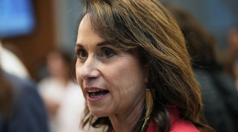 FILE - Louisiana Attorney General Liz Murrill speaks with attendees during an election night watch party for U.S. Senate candidate Rep. Julia Letlow, R-La., May 16, 2026, in Baton Rouge, La. (AP Photo/Matthew Hinton, File)