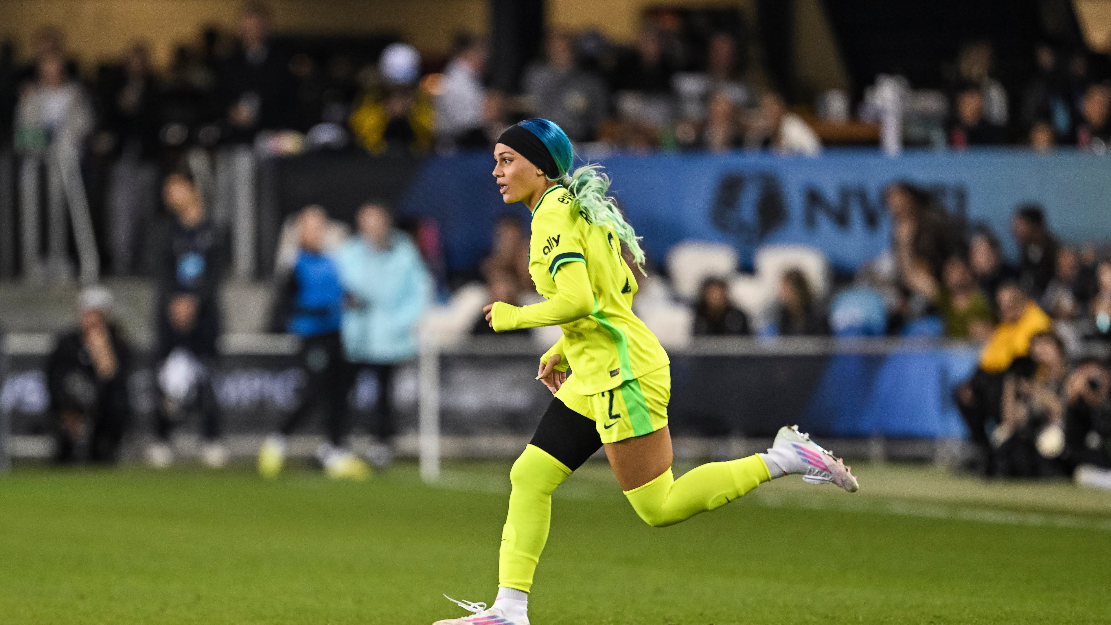 Washington Spirit forward Trinity Rodman (2) enters the game during the second half of a NWSL women's championship soccer match, Saturday, Nov. 22, 2025, in San Jose, Calif. (AP Photo/Justine Willard)