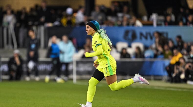 Washington Spirit forward Trinity Rodman (2) enters the game during the second half of a NWSL women's championship soccer match, Saturday, Nov. 22, 2025, in San Jose, Calif. (AP Photo/Justine Willard)