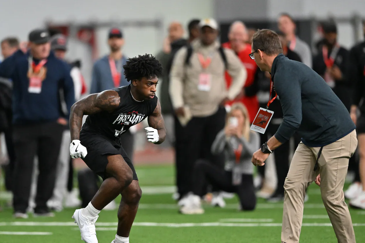 Georgia wide receiver Zachariah Branch runs a drill during Georgia's NFL Pro Day at Payne Indoor Athletic Facility, Wednesday, March 18, 2026, in Athens. (Hyosub Shin/AJC)