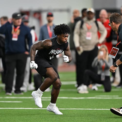 Georgia wide receiver Zachariah Branch runs a drill during Georgia's NFL Pro Day at Payne Indoor Athletic Facility, Wednesday, March 18, 2026, in Athens. (Hyosub Shin/AJC)