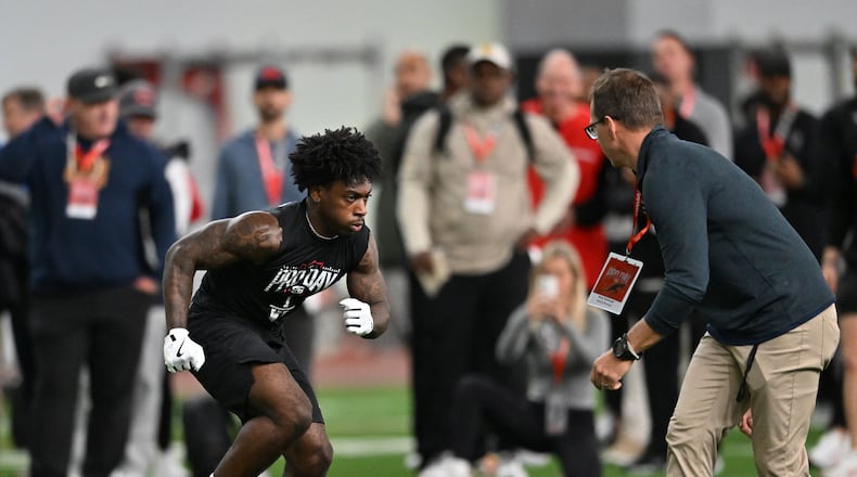 Georgia wide receiver Zachariah Branch runs a drill during Georgia's NFL Pro Day at Payne Indoor Athletic Facility, Wednesday, March 18, 2026, in Athens. (Hyosub Shin/AJC)