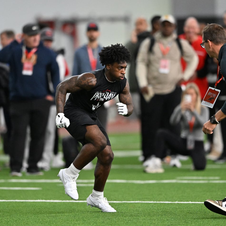 Georgia wide receiver Zachariah Branch runs a drill during Georgia's NFL Pro Day at Payne Indoor Athletic Facility, Wednesday, March 18, 2026, in Athens. (Hyosub Shin/AJC)