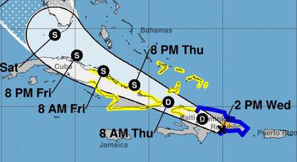 Tropical Depression Fred headed for a drenching of Cuba and the Bahamas on Thursday on a forecast track that would carry it toward South Florida as a tropical storm by Saturday. (National Hurricane Center/TNS)