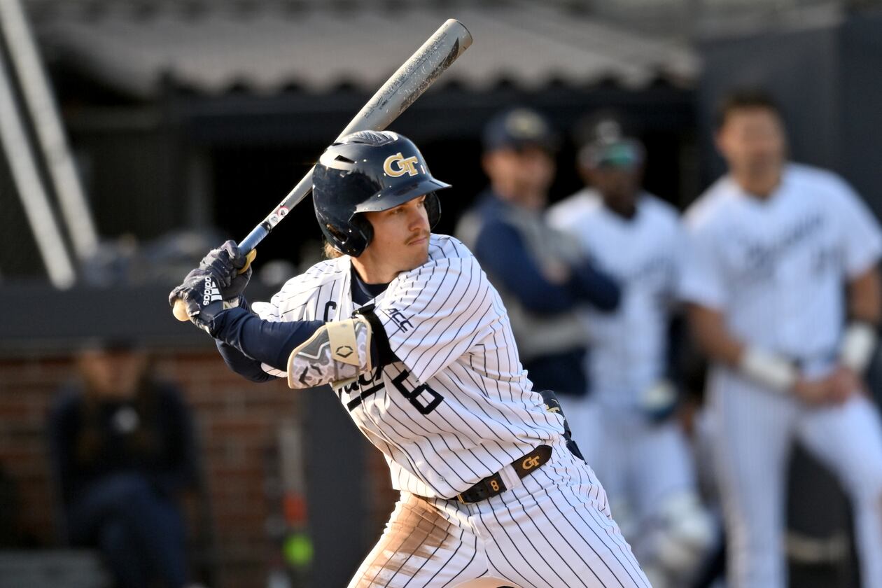 Georgia Tech outfielder Drew Burress swings during the third inning of a baseball game at Georgia Tech’s Russ Chandler Stadium, Tuesday, Feb. 24, 2026, in Atlanta. (Hyosub Shin/AJC)
