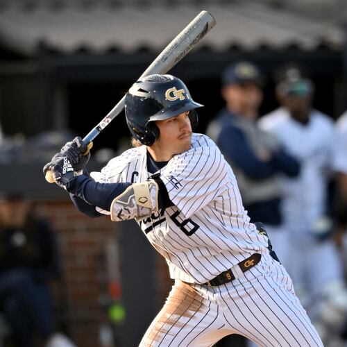 Georgia Tech outfielder Drew Burress swings during the third inning of a baseball game at Georgia Tech’s Russ Chandler Stadium, Tuesday, Feb. 24, 2026, in Atlanta. (Hyosub Shin/AJC)
