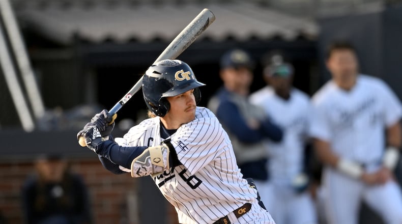 Georgia Tech outfielder Drew Burress swings during the third inning of a baseball game at Georgia Tech’s Russ Chandler Stadium, Tuesday, Feb. 24, 2026, in Atlanta. (Hyosub Shin/AJC)