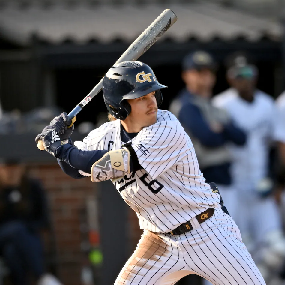 Georgia Tech outfielder Drew Burress swings during the third inning of a baseball game at Georgia Tech’s Russ Chandler Stadium, Tuesday, Feb. 24, 2026, in Atlanta. (Hyosub Shin/AJC)