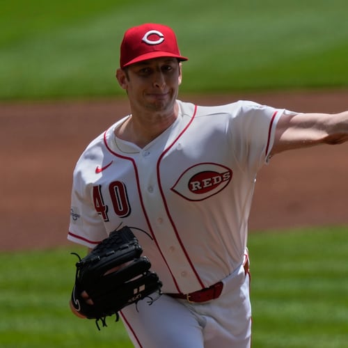 Cincinnati Reds pitcher Nick Lodolo throws during the first inning of a baseball game against the Atlanta Braves in Cincinnati, Sunday, May 31, 2026. (AP Photo/Carolyn Kaster)