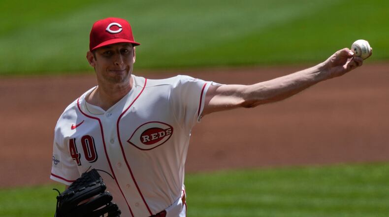Cincinnati Reds pitcher Nick Lodolo throws during the first inning of a baseball game against the Atlanta Braves in Cincinnati, Sunday, May 31, 2026. (AP Photo/Carolyn Kaster)
