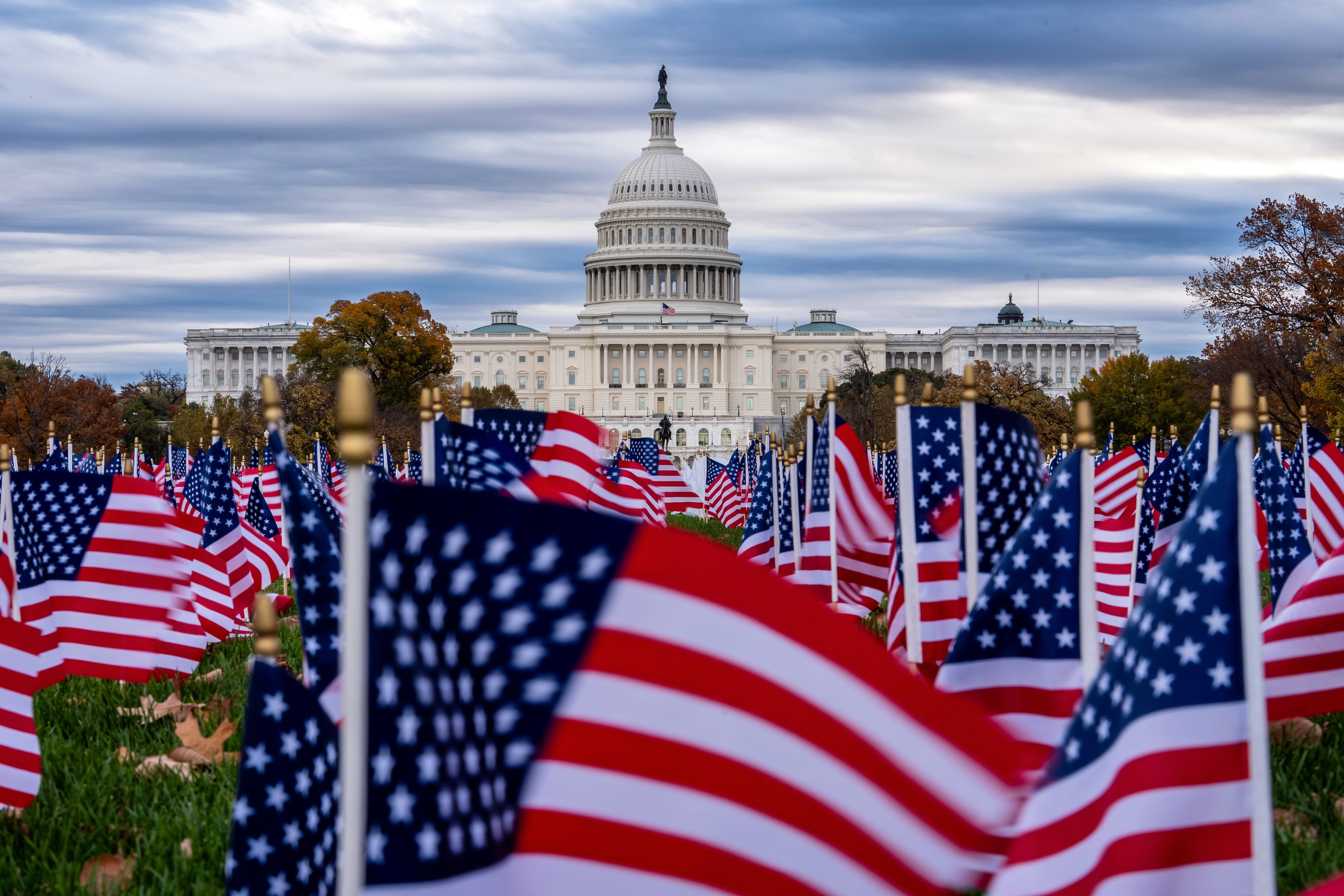 Miniature American flags flutter in wind gusts across the National Mall near the Capitol in Washington on Monday. ( J. Scott Applewhite/AP)