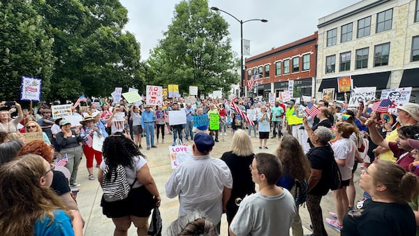 Opponents of President Donald Trump's policies gathered Saturday, June 14 for a "No Kings" protest in downtown Macon, Georgia. (Joe Kovac Jr./AJC)