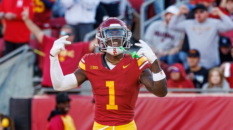 USC wide receiver Zachariah Branch (1) reacts after a Trojan touchdown against Nebraska at the Los Angeles Memorial Coliseum on Nov. 16, 2024, in Los Angeles. (Gina Ferazzi/Los Angeles Times/TNS)