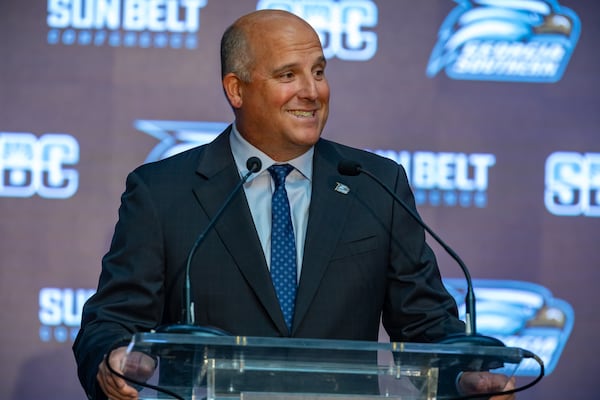 Photo of Georgia Southern coach Clay Helton at the Sun Belt Conference Football Media Days at the Sheraton New Orleans Hotel on July 26, 2022 in New Orleans, Louisiana. (Photo by AJ Henderson/Sun Belt Conference)