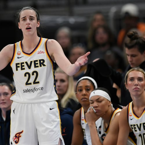 Indiana Fever's Caitlin Clark reacts after being called for a foul during the second half of an WNBA basketball game against the Chicago Sky in Chicago, Saturday, Aug. 8, 2026. (AP Photo/Paul Beaty)