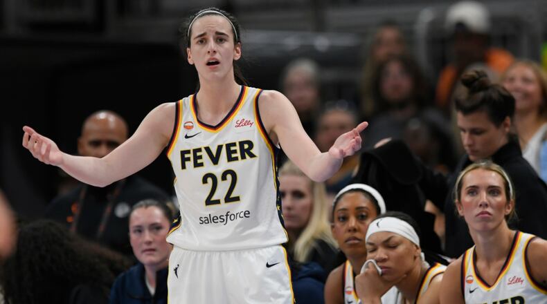 Indiana Fever's Caitlin Clark reacts after being called for a foul during the second half of an WNBA basketball game against the Chicago Sky in Chicago, Saturday, Aug. 8, 2026. (AP Photo/Paul Beaty)