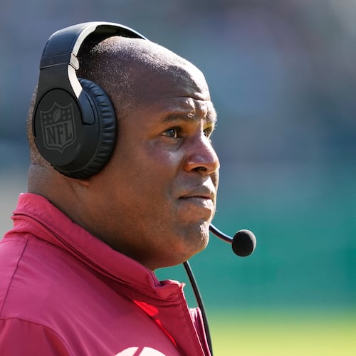FILE - Washington Commanders offensive coordinator Eric Bieniemy watches from the sidelines during an NFL football game, Oct. 1, 2023, in Philadelphia. (AP Photo/Matt Rourke, File)