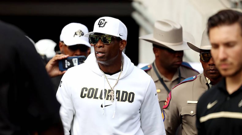 Colorado head coach Deion Sanders takes the field with his team during the season opener against Texas Christian at Amon G. Carter Stadium on Saturday, Sept. 2, 2023, in Fort Worth, Texas. (Chris Torres/Fort Worth Star-Telegram/TNS)