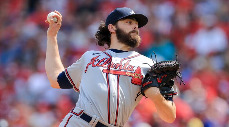 Atlanta Braves' Ian Anderson throws during the first inning of a baseball game against the Cincinnati Reds in Cincinnati, Saturday, June 26, 2021. (AP Photo/Aaron Doster)