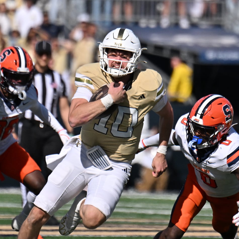 Georgia Tech quarterback Haynes King runs the ball against Syracuse at Bobby Dodd Stadium on Saturday, Oct. 25, 2025 in Atlanta. Tech last played in the ACC championship game in 2014, losing 37-35 to Florida State. (Hyosub Shin/AJC)