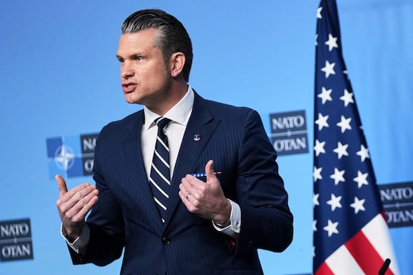 FILE - Defense Secretary Pete Hegseth delivers a statement ahead of a meeting of NATO defense ministers at NATO headquarters in Brussels, June 5, 2025. (AP Photo/Virginia Mayo, File)