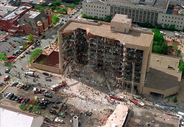 FILE - This aerial view shows the destroyed north side of the Alfred P. Murrah Federal Building in Oklahoma City after a massive bomb blast, April 19, 1995. (AP Photo, File)