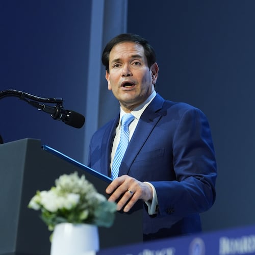 United States Secretary of State Marco Rubio speaks after the signing of a Board of Peace charter during the Annual Meeting of the World Economic Forum in Davos, Switzerland, Thursday, Jan. 22, 2026. (AP Photo/Evan Vucci)