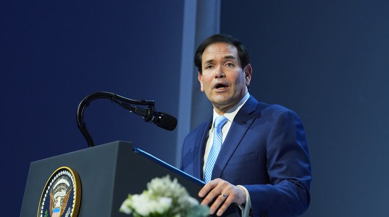 United States Secretary of State Marco Rubio speaks after the signing of a Board of Peace charter during the Annual Meeting of the World Economic Forum in Davos, Switzerland, Thursday, Jan. 22, 2026. (AP Photo/Evan Vucci)