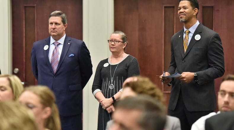 January 11, 2019 Atlanta - (From left) Greg Cantrell, Paige Haven and Marlon Allen listen during a kickoff meeting at The Hudgens Center for Art and Learning in Duluth on Friday, January 11, 2019. Go Gwinnett, the formal pro-transit advocacy group that will be pushing for Gwinnett to approve its March referendum on joining MARTA, hold its kickoff meeting Friday. HYOSUB SHIN / HSHIN@AJC.COM