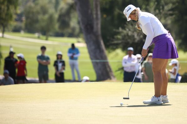 Ingrid Lindblad putts on the sixth green during the final round of the LPGA's JM Eagle LA Championship golf tournament at El Caballero Country Club Sunday, April 20, 2025, in Los Angeles. (AP Photo/Jessie Alcheh)