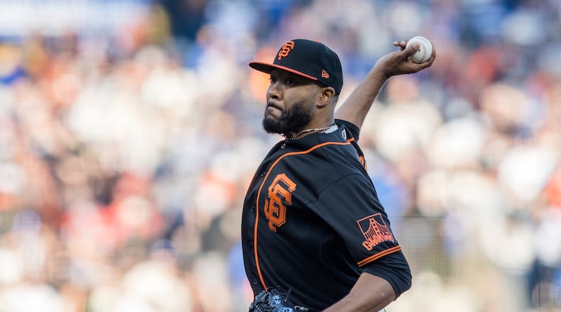 San Francisco Giants pitcher Jay Jackson works against the Los Angeles Dodgers in the first inning of a baseball game in San Francisco, Saturday, Sept. 4, 2021. (AP Photo/John Hefti)