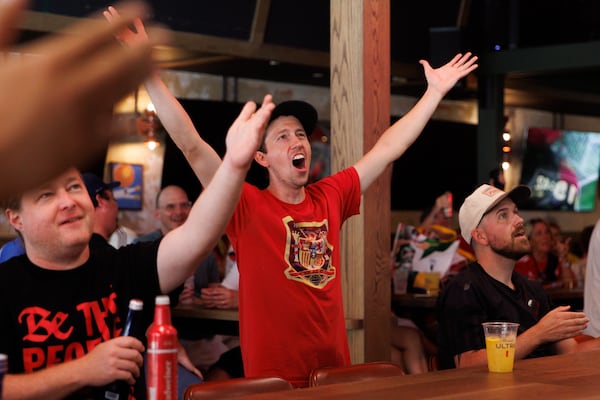 A customer of Brewhouse Cafe, in South Downtown, reacts after a play during a World Cup game on Monday, June 15, 2026. (Estela Muñoz/AJC)