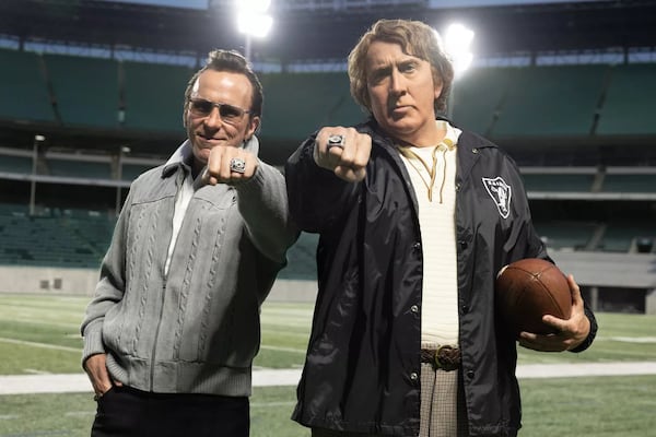 Christian Bale (left) portrays former Raiders owner Al Davis and Nicolas Cage stars as head coach John Madden in the new biopic "Madden." (Amazon Prime)