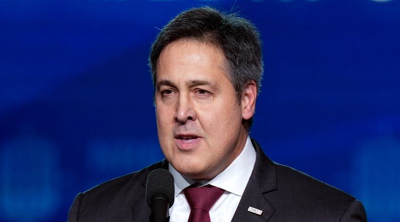 FILE - Paul Dans, director of Project 2025 at the Heritage Foundation, speaks at the National Religious Broadcasters convention, Feb. 22, 2024, in Nashville, Tenn. (AP Photo/George Walker IV, File)