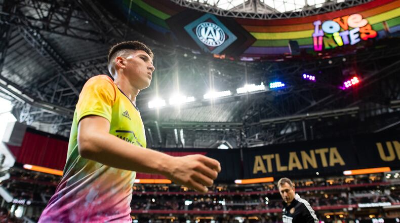 Atlanta United midfielder Franco Ibarra (14) warms up before the match against New York Red Bulls Sunday, June 27, 2021, at Mercedes-Benz Stadium in Atlanta. (Jacob Gonzalez/Atlanta United)