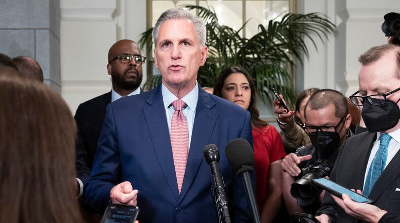 U.S. House Minority Leader Kevin McCarthy (R-CA) speaks to reporters following a meeting with House Republicans at the U.S. Capitol Building on Jan. 3, 2023, in Washington, D.C. Today members of the 118th Congress will be sworn in and the House of Representatives will hold votes on a new Speaker of the House. (Kevin Dietsch/Getty Images/TNS)