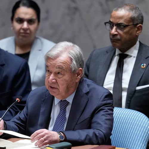 United Nations Secretary-General António Guterres speaks during a Security Council meeting at United Nations headquarters, Tuesday, May 26, 2026. (AP Photo/Seth Wenig)