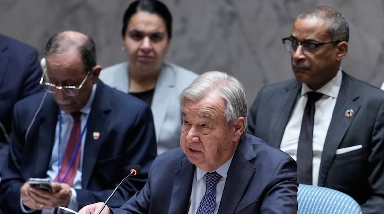 United Nations Secretary-General António Guterres speaks during a Security Council meeting at United Nations headquarters, Tuesday, May 26, 2026. (AP Photo/Seth Wenig)