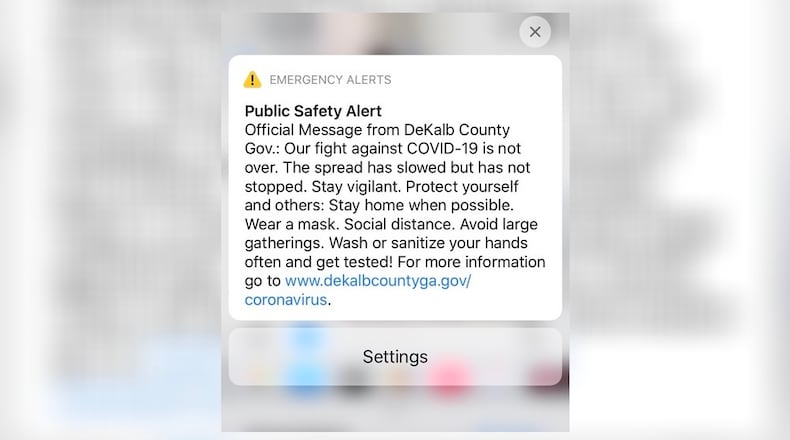 A screenshot of the public safety alert sent out by DeKalb County on Friday morning.