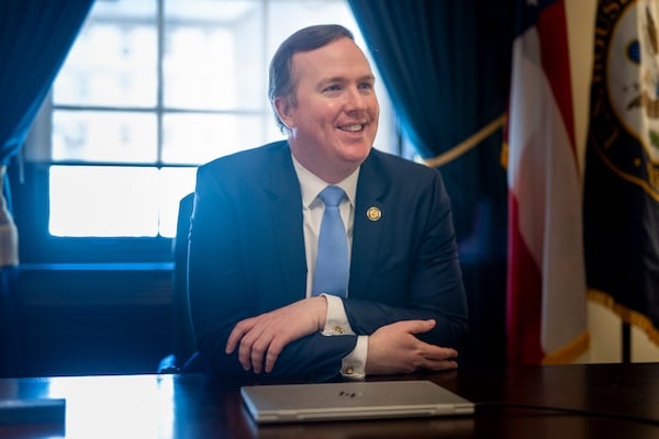 U.S. Rep. Brian Jack, R-Peachtree City, poses for photos in his office inside the Rayburn House Office Building in Washington last spring. (Nathan Posner for the AJC)