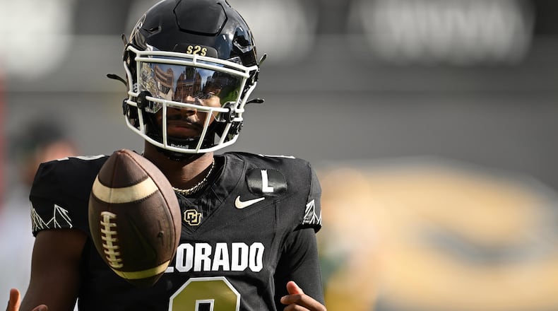 Colorado quarterback Shedeur Sanders (2) warms up before the Buffaloes play host to North Dakota State at Folsom Field in 2024, in Boulder, Colorado. (RJ Sangosti/The Denver Post/TNS)