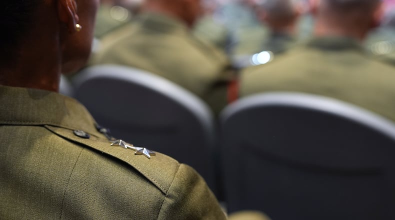 U.S. military senior leadership listen as President Donald Trump speaks at Marine Corps Base Quantico, Tuesday, Sept. 30, 2025 in Quantico, Va. (AP Photo/Evan Vucci)