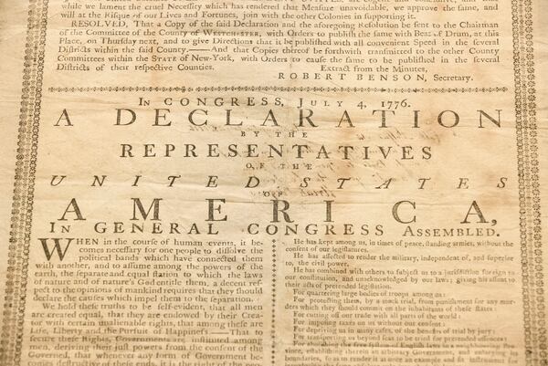 FILE - A 1776 broadside printing of the Declaration of Independence is displayed at the Museum of the American Revolution in Philadelphia on June 17, 2019. (AP Photo/Matt Rourke)
