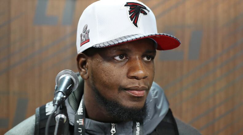 Falcons wide receiver Mohamed Sanu takes questions during Super Bowl Opening Night on Monday, Jan. 30, 2017, at Minute Maid Park in Houston.