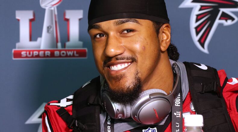 February 1, 2017, Houston: Falcons defender Vic Beasley Jr. is all smiles during Super Bowl media availability on Wednesday, Feb. 1, 2017, at the Memorial City Mall ice arena in Houston. Curtis Compton/ccompton@ajc.com