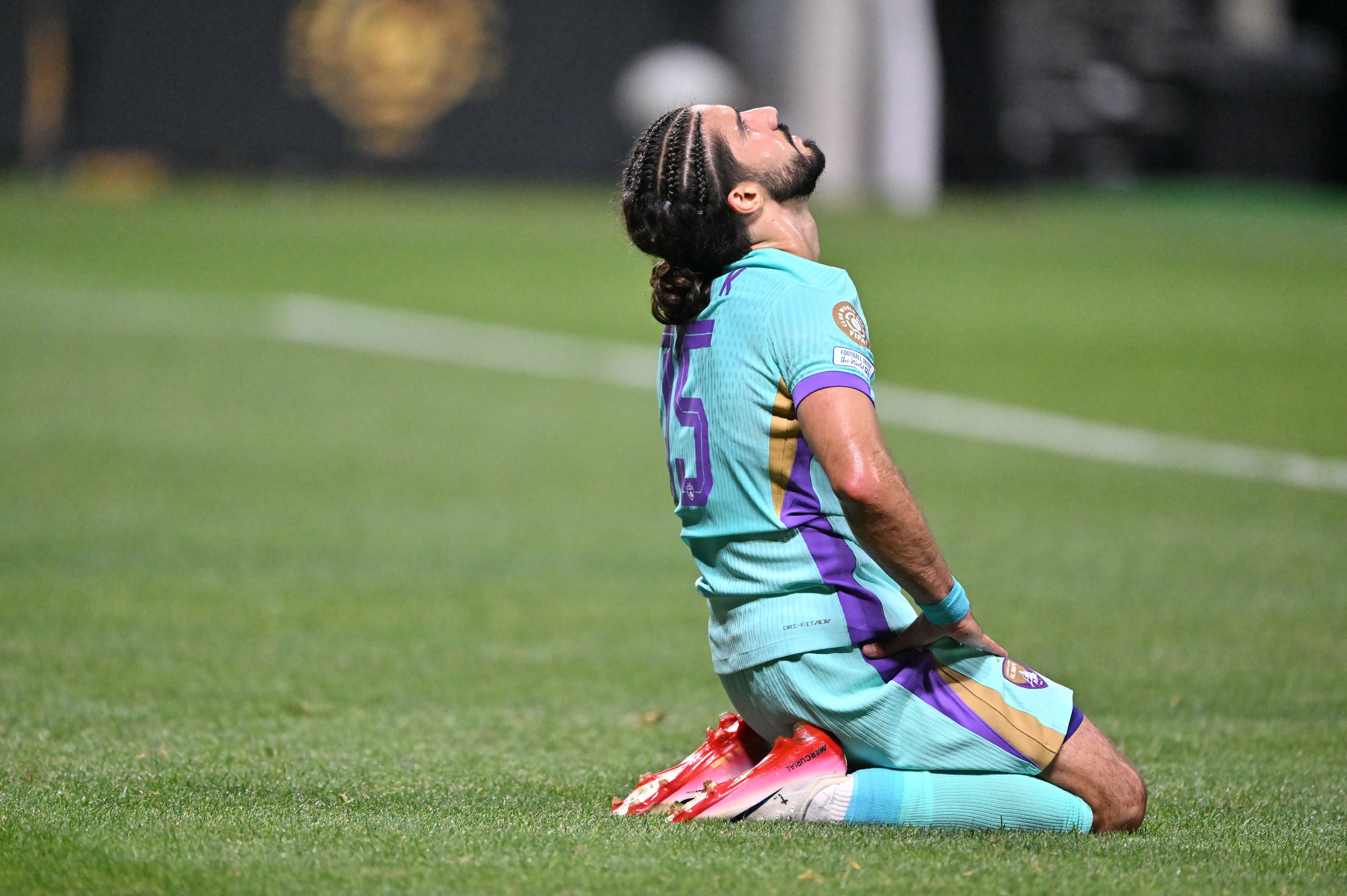 Al Ain's defender Erik (15) reacts during the second half in Club World Cup group G soccer match at Mercedes-Benz Stadium, Sunday, June 22, 2025, in Atlanta. Manchester City won 6-0 over Al Ain. (Hyosub Shin / AJC)