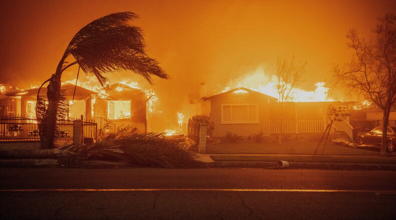 FILE - Trees sway in high winds as the Eaton Fire burns structures Jan. 8, 2025 in Altadena, Calif. (AP Photo/Ethan Swope, File)