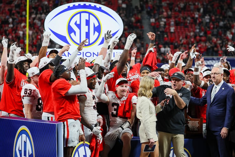 Georgia head coach Kirby Smart celebrates a 28-7 victory over Alabama in the SEC Championship game at Mercedes-Benz Stadium, Saturday, Dec. 6, 2025, in Atlanta. (Jason Getz / AJC)